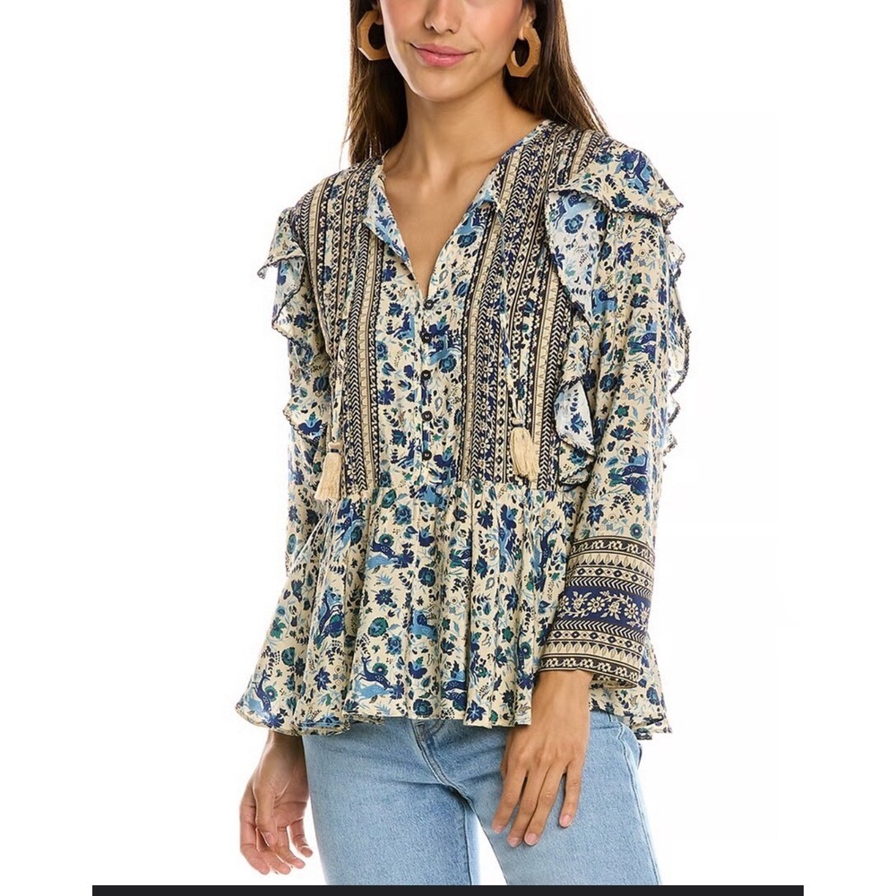 SEA NEW YORK Floral Print Silk Ruffle Tassel Blouse Top Cream Blue Size 4